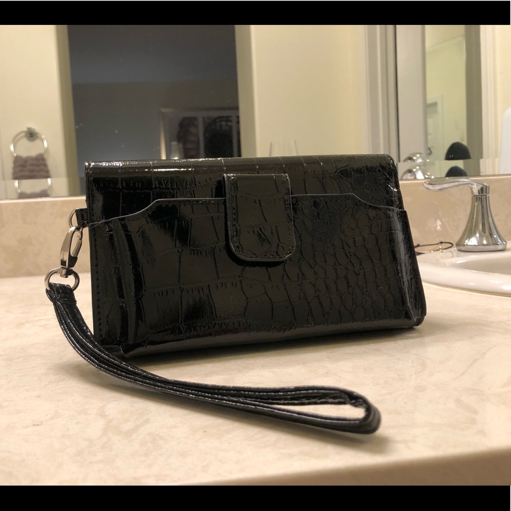 Black clutch wristlet purse with hard case & strap